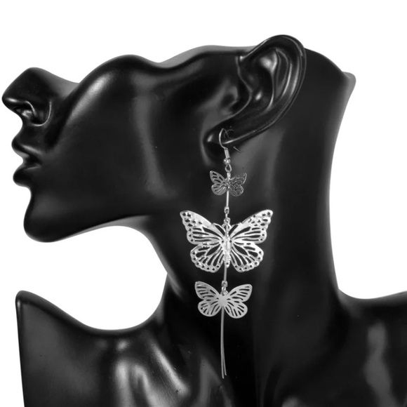 Silver Butterfly Long Earrings - Picture 2 of 4
